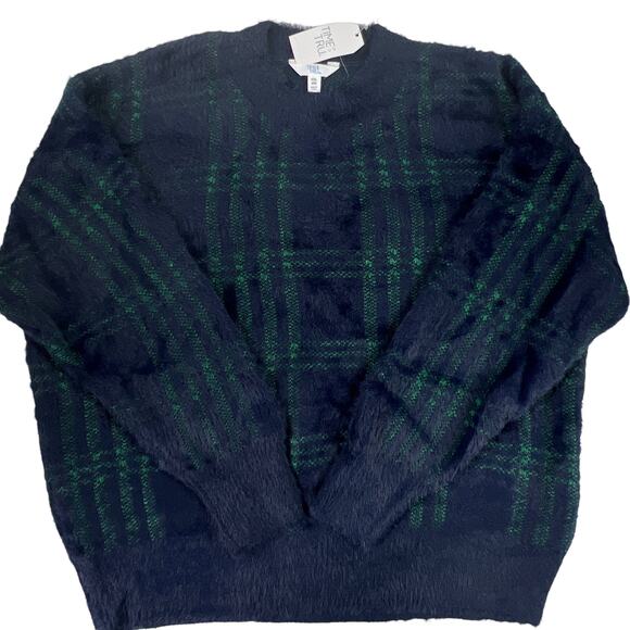 Time and Tru Fuzzy Pullover Eyelash Sweater Green Blue Buffalo Plaid Size XXL - Picture 1 of 13
